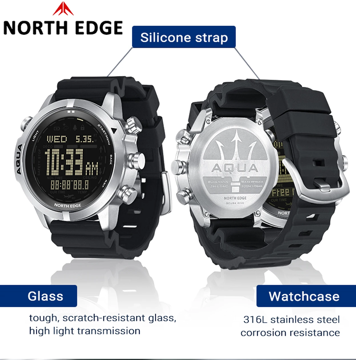 NORTH EDGE AQUA Smart Watch Professional Dive Computer Watch Scuba Diving NDL (No Deco Time) 50M Altimeter Barometer Compass New