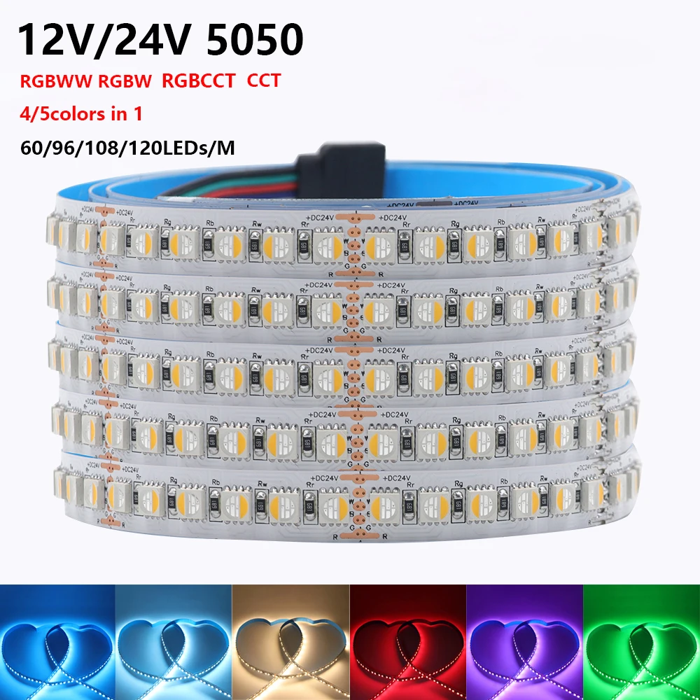 5m RGBWW RGBW RGB CCT LED Strip Light Tape 12V 24V RGBCCT 4 5 Colors In 1 Chip 5050 60 96 108 120 LEDs White Flexible Ribbon