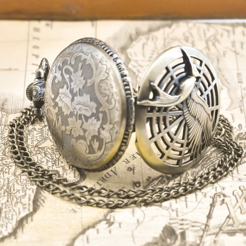 Винтажные бронзовые стимпанк белые крылья журавля резные кварцевые карманные часы ожерелье кулон цепочка для часов мужская женская цепочка подарок