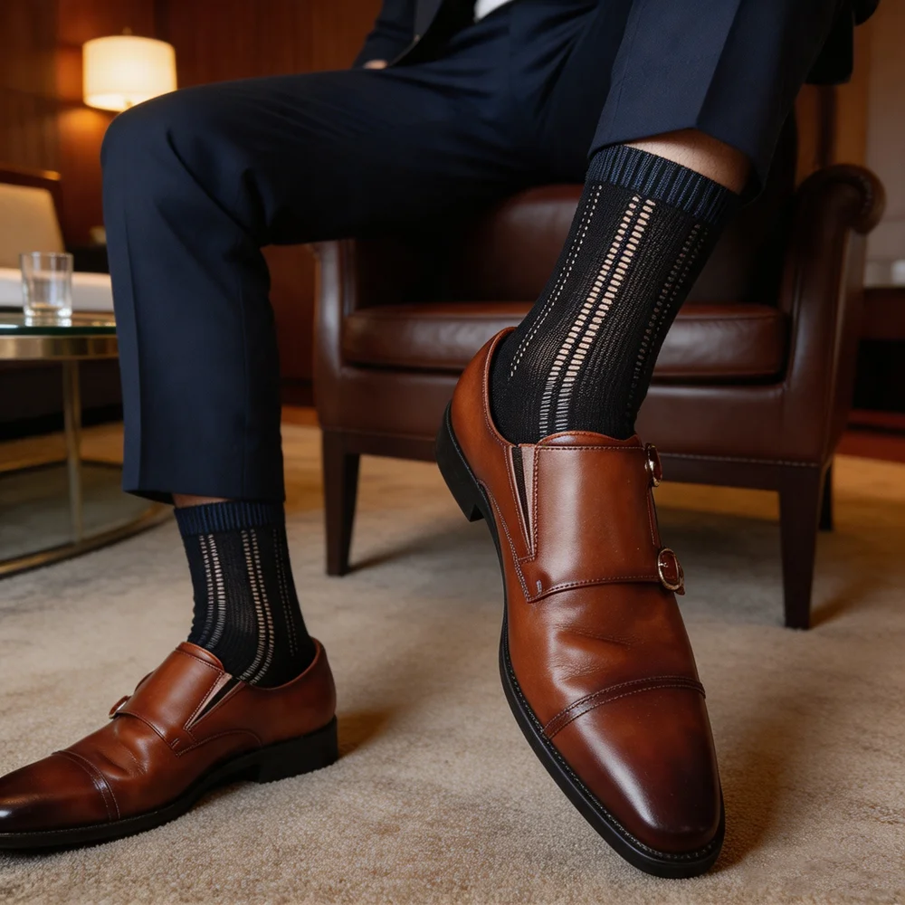 Men Business Dress Socks Striped Breathable Calf Socks Ribbed Cuff Formal Office Work Wedding Suit Hosiery Comfortable