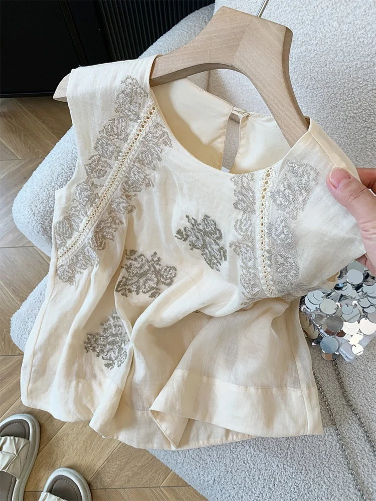 Colete E de Linho Bordado Sem Mangas com Decote Redondo, Ajuste Solto, Estilo Vintage Fino para Homens e Mulheres, Est...