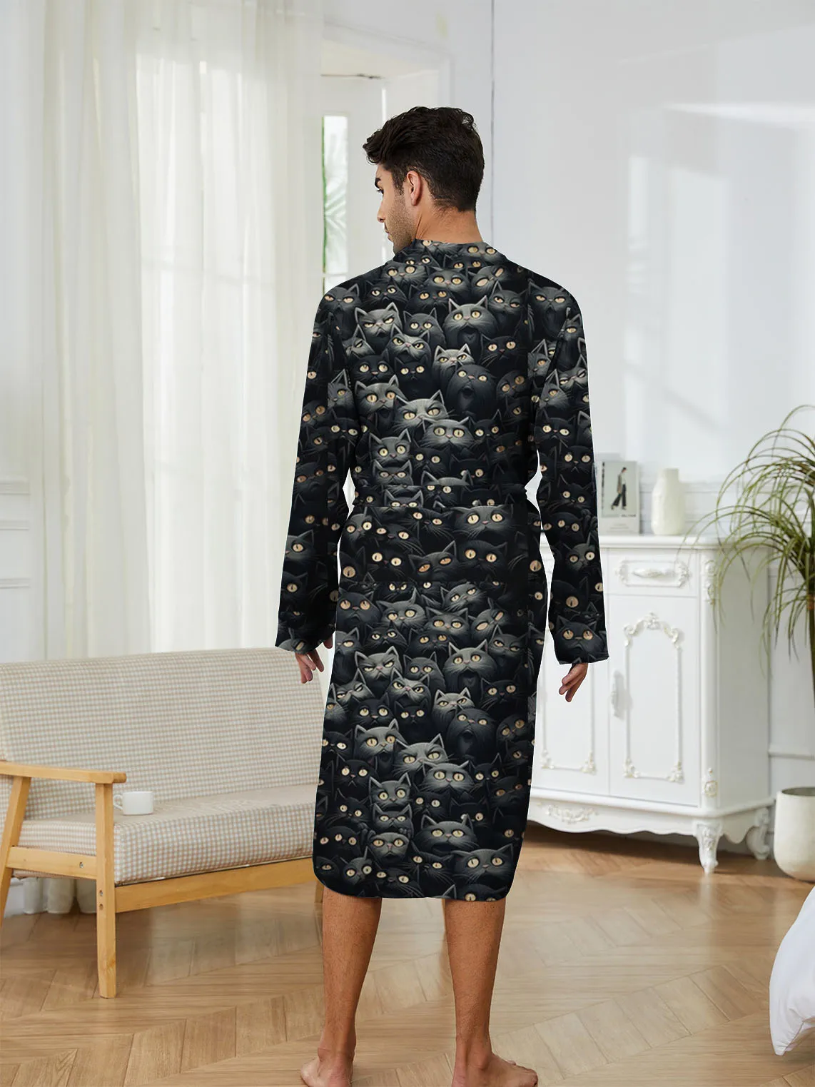 Bathrobe Man Robe with Digital Printed Black Cat Pattern, Men's Funny Pajamas Robe for Casual Home Quick Drying