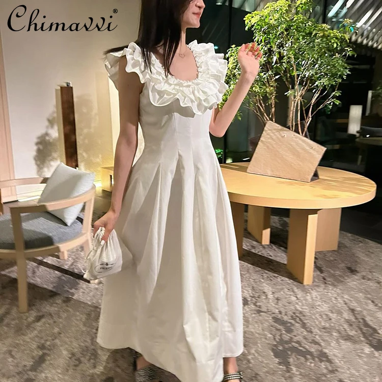 

2025 New Japanese Sweet Ruffled U-Neck Three-Dimensional Flared Hem Elegant Princess Dress Slim-Fit Women's Long White Dress