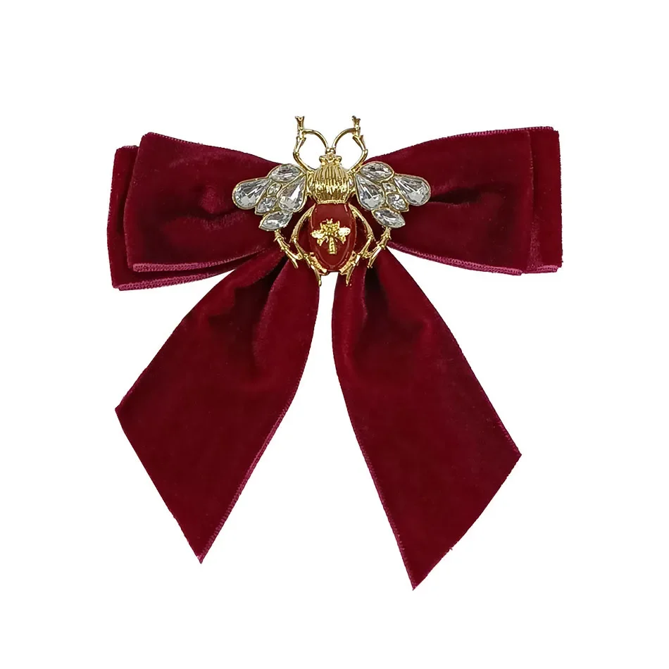 Rhinestone Red Bee Bow Ties Brooch Vintage British Velvet Ribbon Bowtie Pin Female Korean College Style Suit Shirt Collar Flower