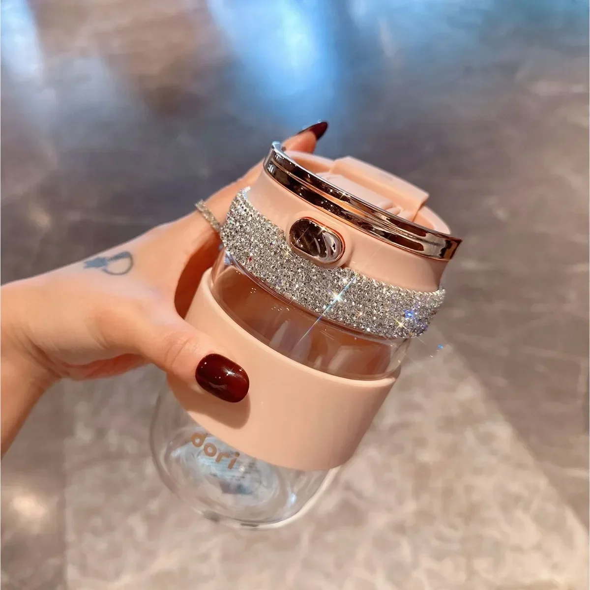 500ML Bling Diamond Portable Glass Water Bottle With Straw Handle Direct Drinking Coffee Mug Home Outdoors Juice Beverage Cup