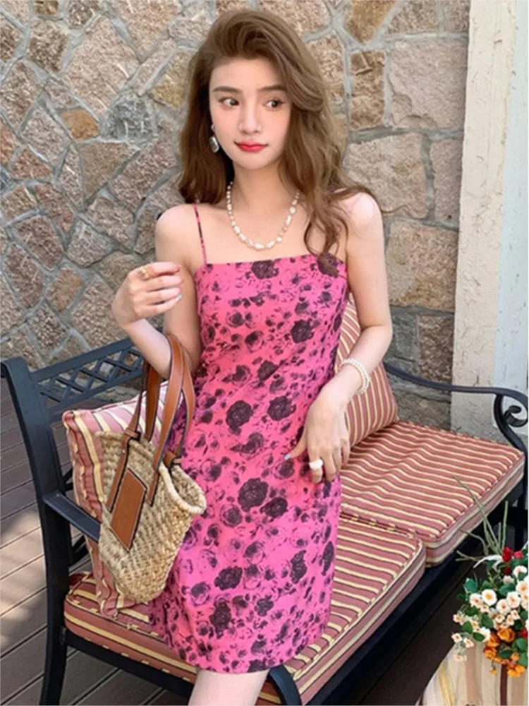 

Cotton Print Dress Flat Collar Sleeveless Short Dress Summer Elegant Luxury Women Party Dress A-Line Spaghetti Strap Dress 2024