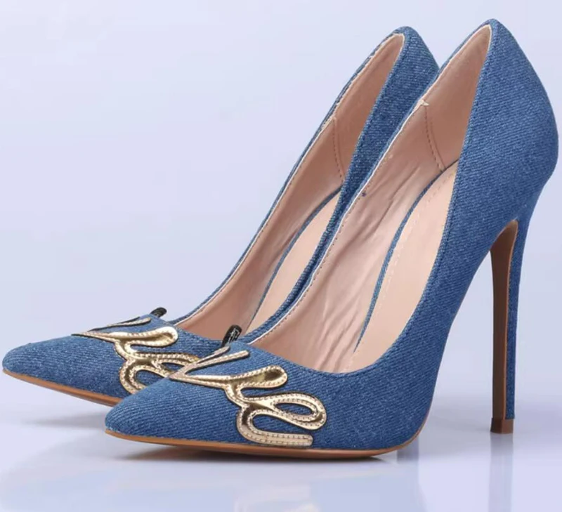 

Золотистые туфли-лодочки на шпильке из синего денима, каблук 10 см, женские, с острым носком, неглубоким вырезом, без застежки, для джинсов, для банкетов