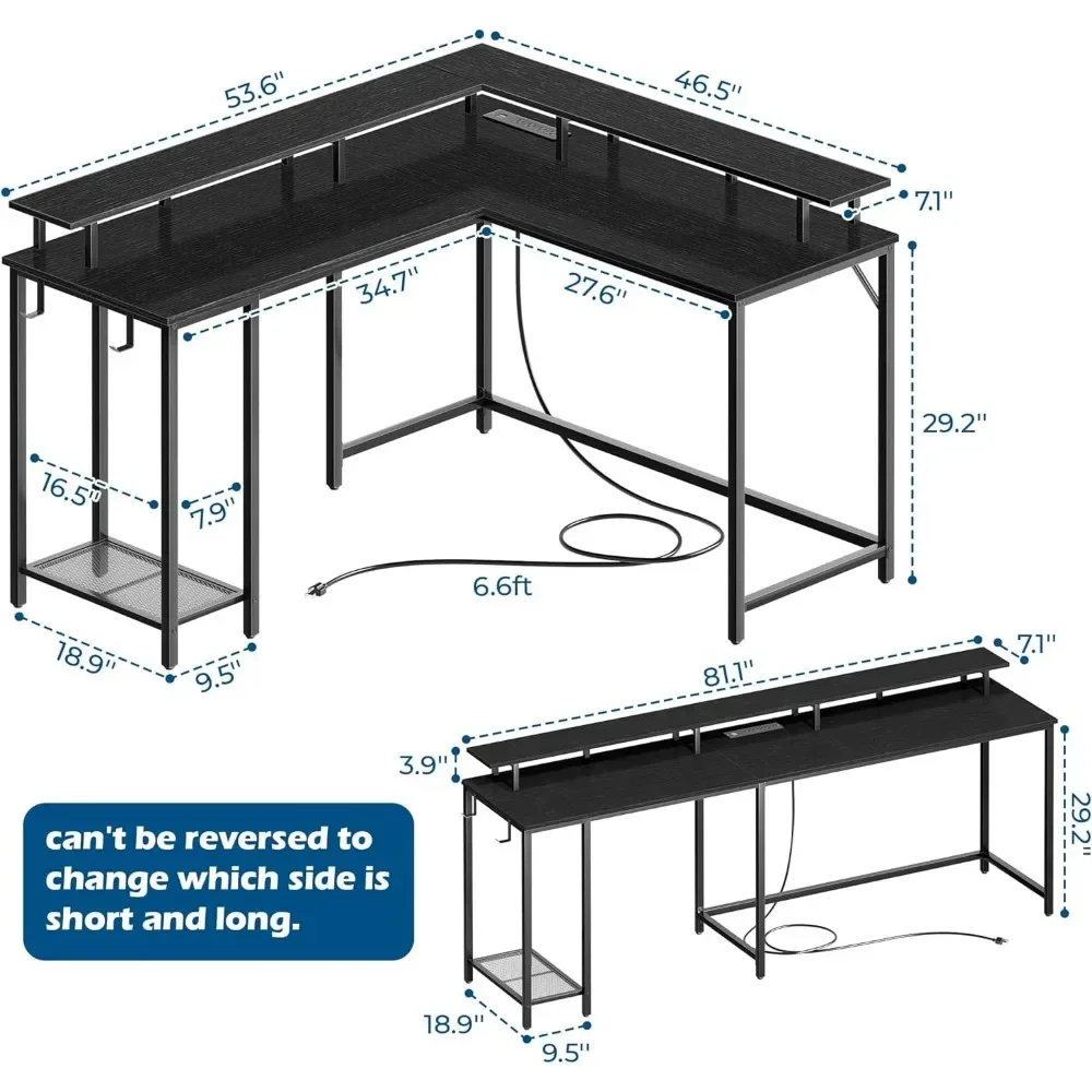 L Shaped Gaming Desk com Power Outlets e luzes LED, Mesa do computador com suporte do monitor e prateleira de armazenamento