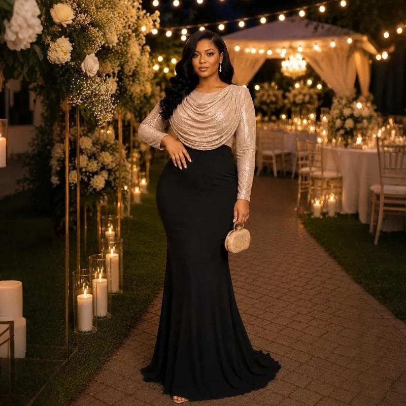 Women Sequin Bodycon Dress, Round Neck Ruched Long Sleeve Party Long Dress
