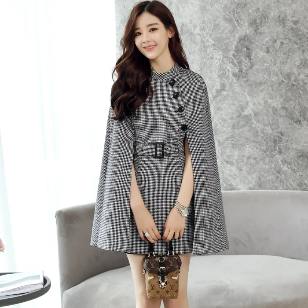 

Papaya Milk Women's Plaid Woolen Poncho Loose British Style Coat with Lace-Up Stand Collar for Spring And Autumn