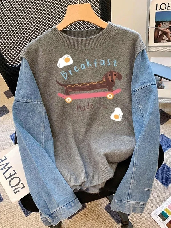 

ay Denim Patchwork round Ne Sweatirt Women's Autumn Winter Thiened Design Cartoon Fun Little Dog Top Trendy