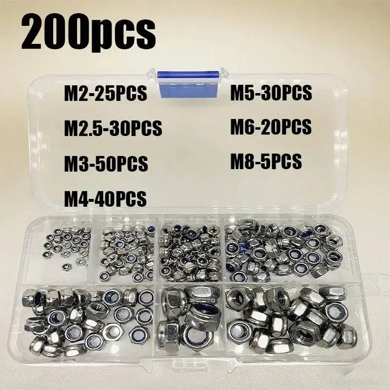 Sortimentsset Kit Box DIN985 M2 bis M12 Mix Sechskant-Nyloneinsatz Sicherungsmutter 304 A2 Edelstahl Sechskant selbstsichernde Nylock-Sicherungsmutter