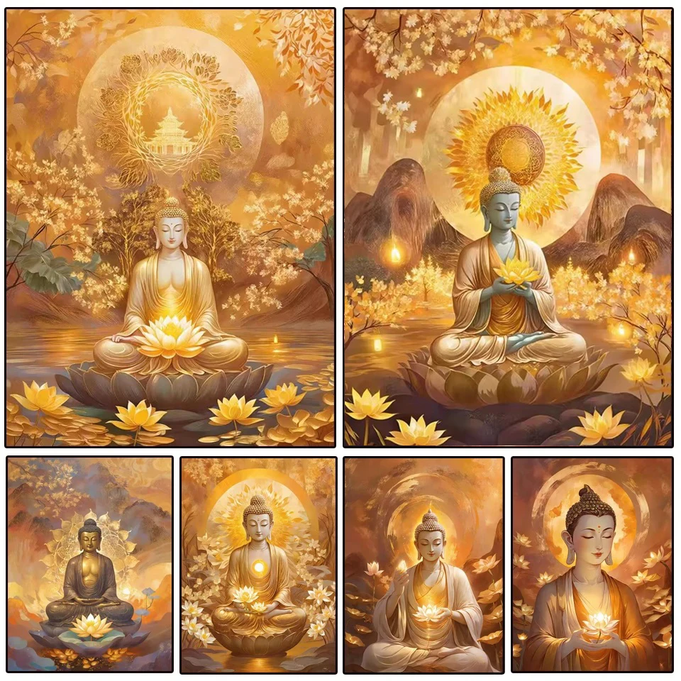 Diamond Art Painting Jewels Cross Stitch Kit Religious Golden Buddha Lotus Full Rhinestone Mosaic Embroidery Home Decor Gift