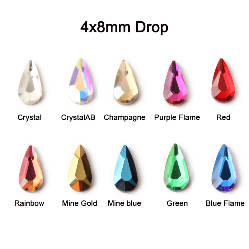 4x8mm Water Drop Shaped Nail Art Diamond Flat Back Colour Crystal Glass Manicure DIY Decorative Accessories 100pcs