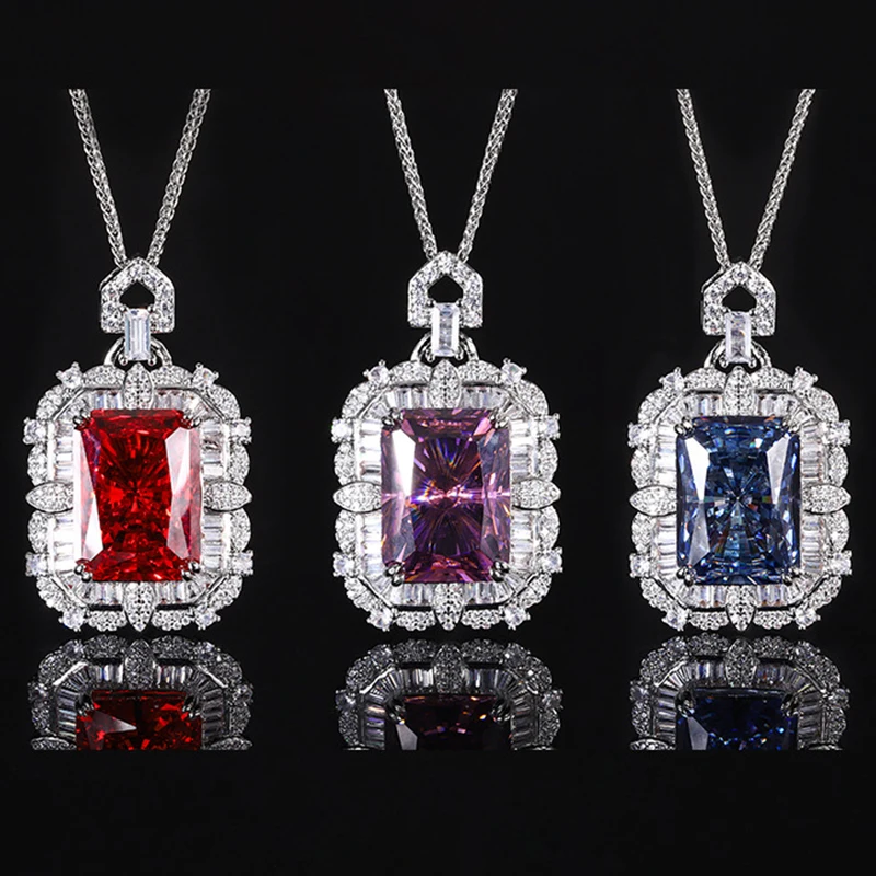 Radiant Cut High Carbon Diamond Pendant Necklace Red Blue Purple Yellow 15*20mm Big Gem Neck Chain Fashion Jewellery Accessories