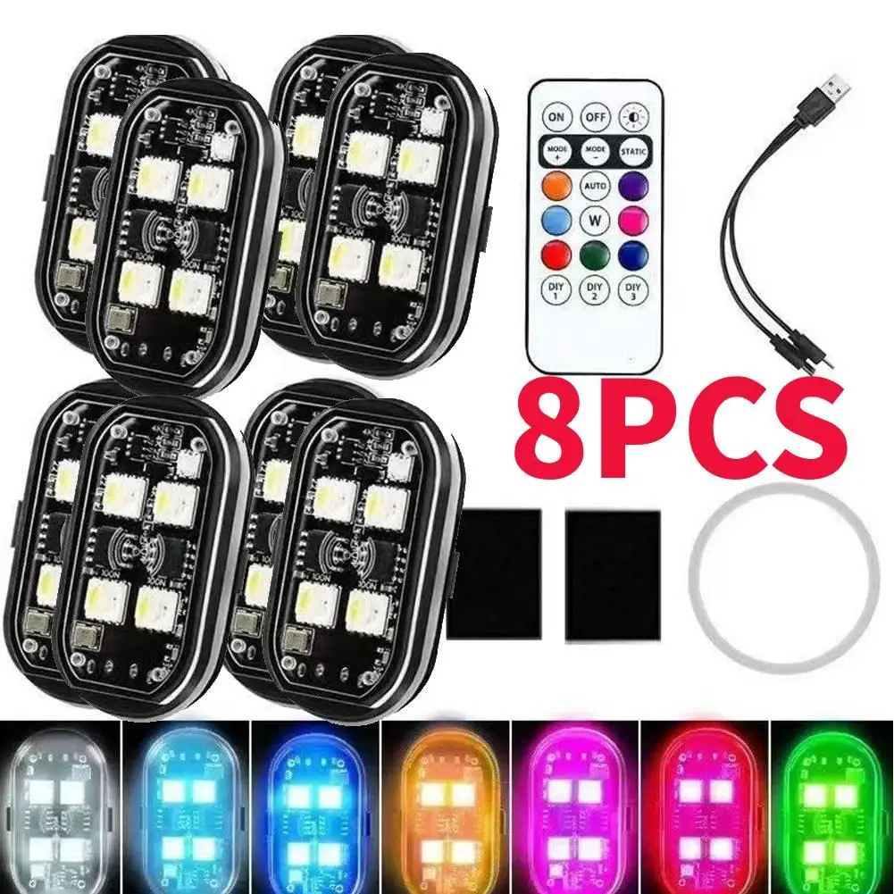 

8pcs Wireless LED Strobe Lights Car Decor Atmosphere Light, 8 Colors Rechargeable Led Lights Anti-Collision LED Warning Light