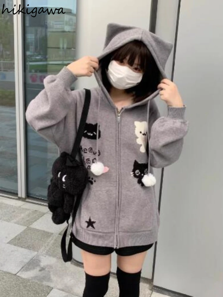 Gray Hooded Sweater Jackets for Women Cute Anime Sueter Mujer Casual Fashion Zipper Knitted Cardigan Tops Autumn Winter Clothing