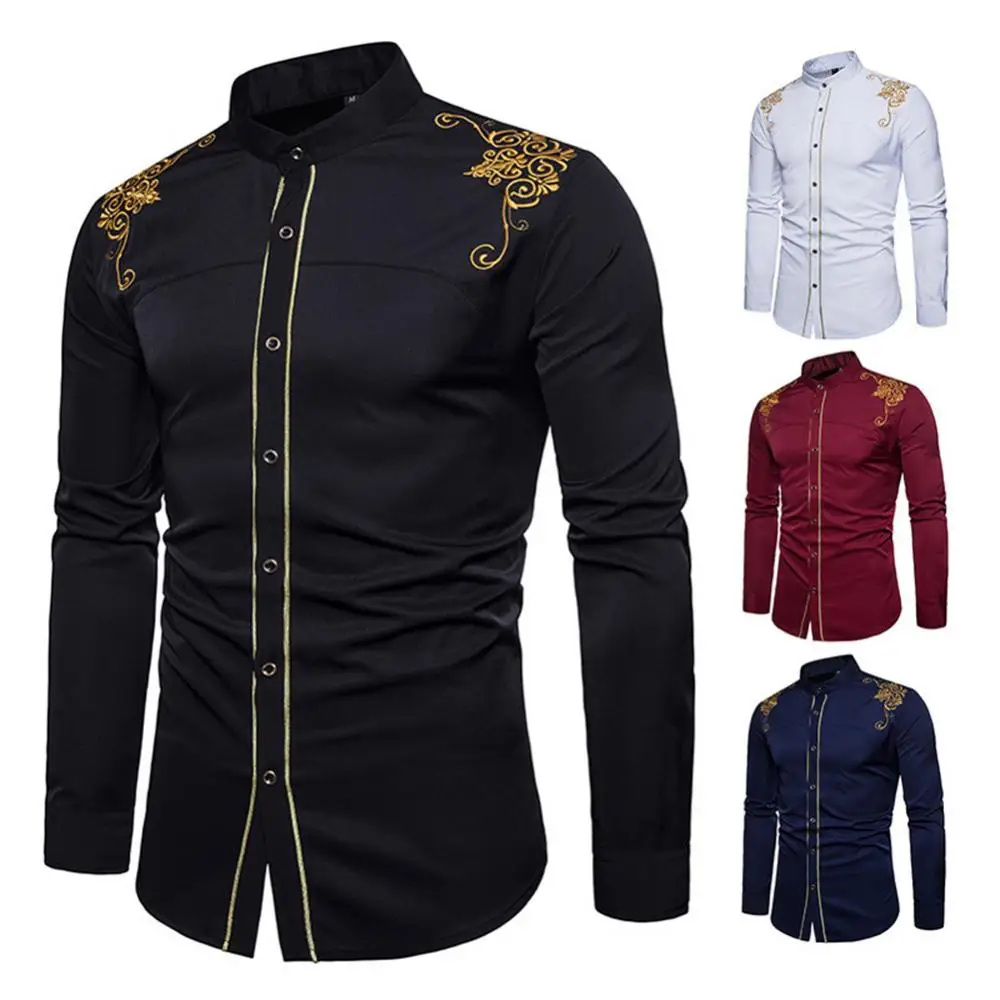 Preto ouro bordado camisa masculina 2022 primavera novos homens camisas de vestido gola botão acima camisas chemise homme masculina