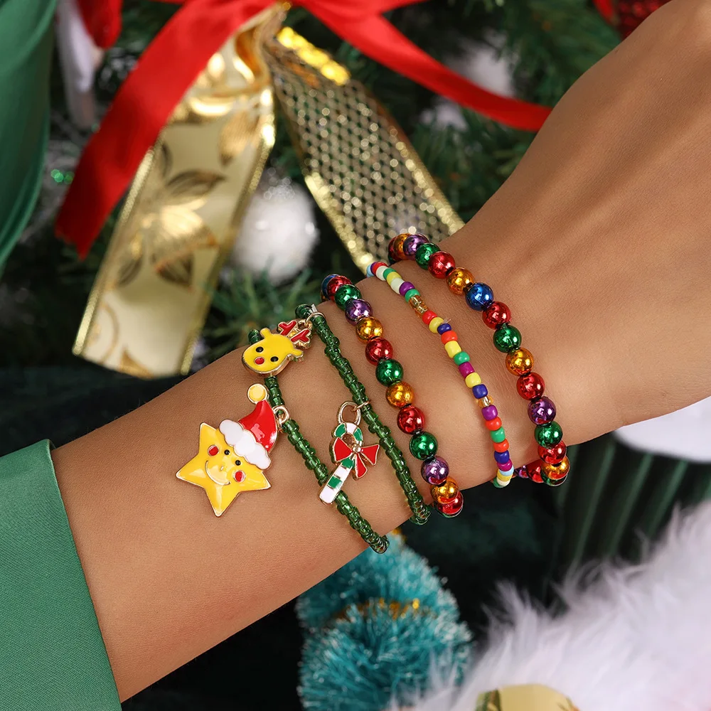 بوهيميا الملونة شجرة عيد الميلاد قلادة سوار للنساء فتاة سانتا كلوز الأرز حبة متعدد الطبقات سوار السنة الجديدة مجوهرات هدية