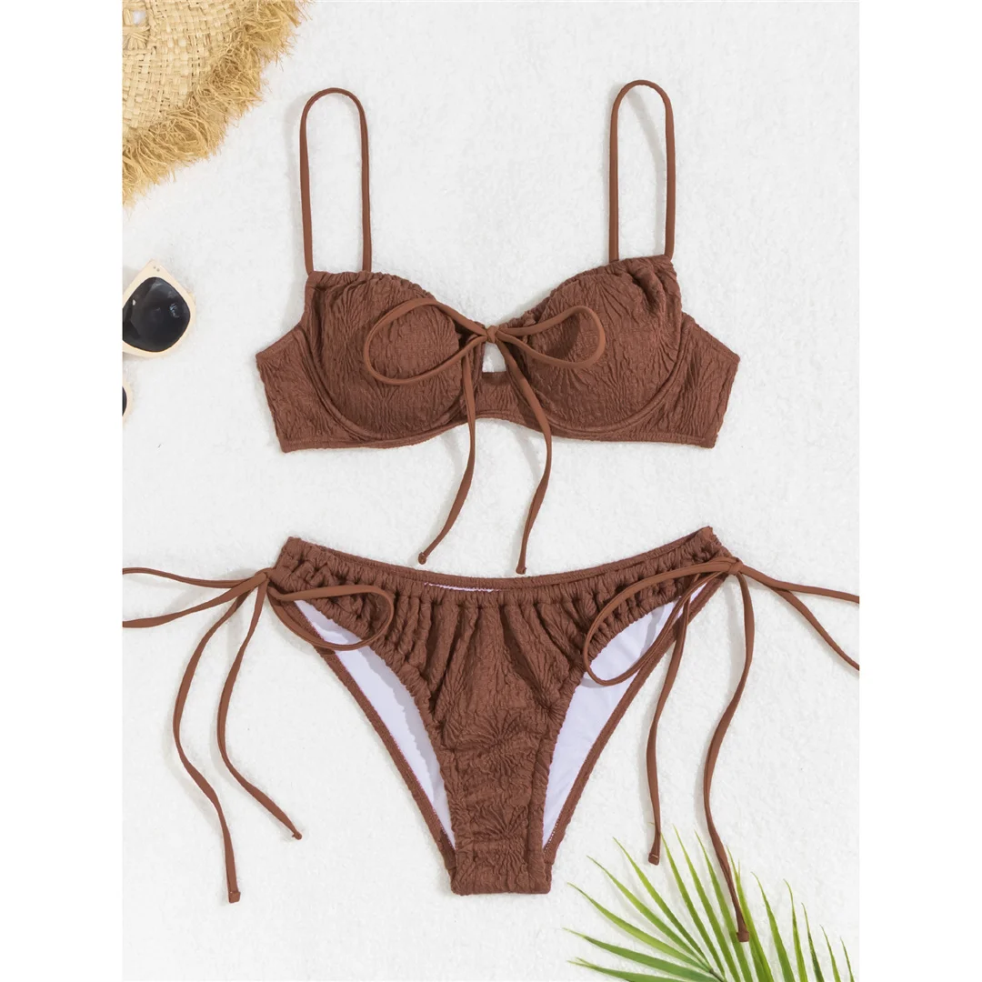 Gefalteter, mit Bügeln versehener, hoch geschnittener Bikini, Damen-Badeanzug, zweiteiliges Bikini-Set, Badebekleidung, Badeanzug, Modell V5807. – Detail 11