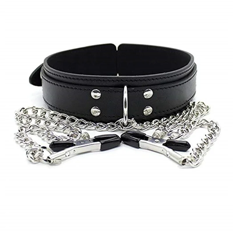 Collare girocollo in pelle sexy con morsetto per capezzoli Catena con clip per seno SM Bondage Coppia SM Giocattoli sessuali per donna Strumenti erotici Giochi per adulti