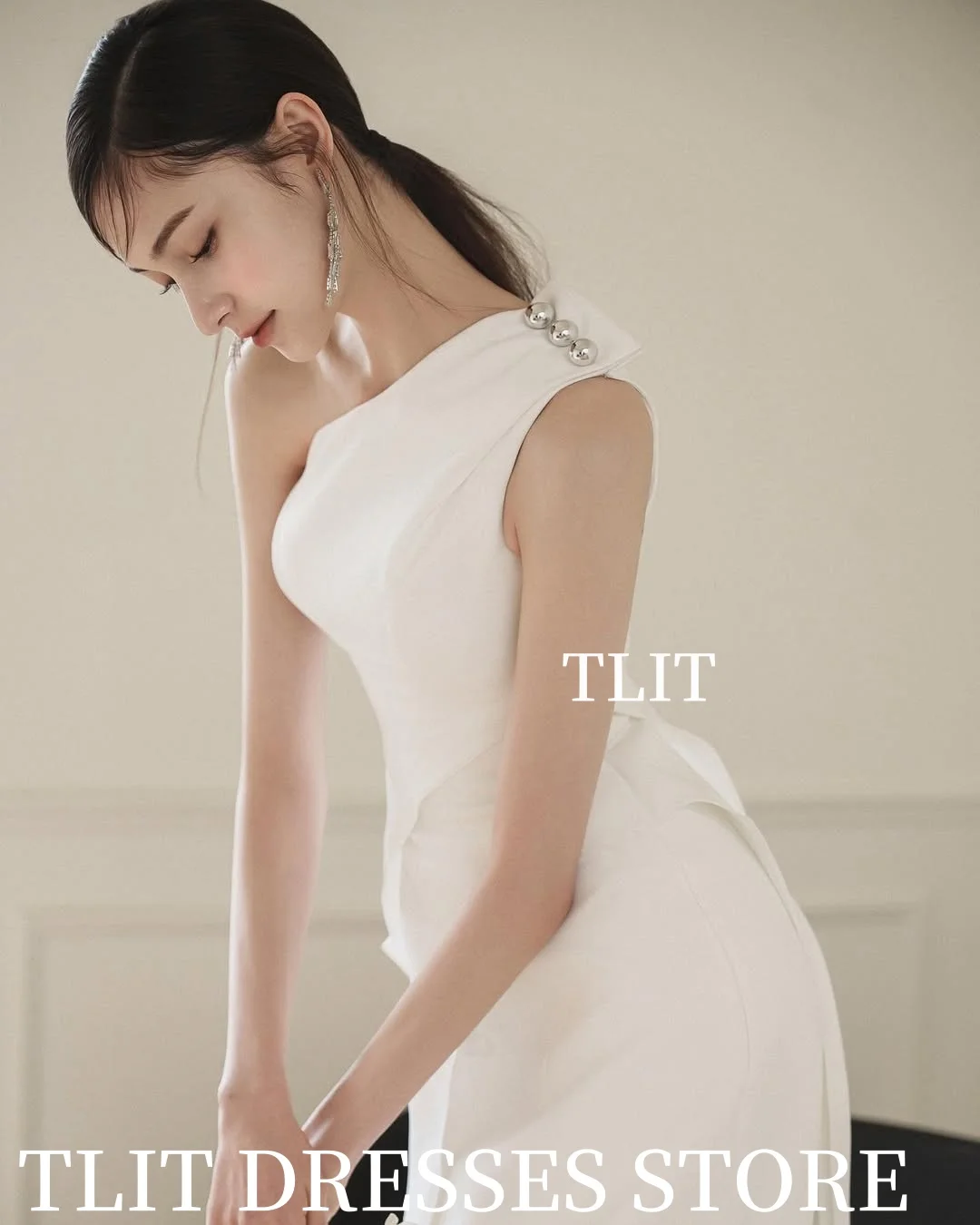 فستان سهرة حورية البحر أبيض بسيط من TLIT فساتين زفاف كورية لالتقاط الصور مخصص بكتف واحد سويب تراين فساتين حفلات