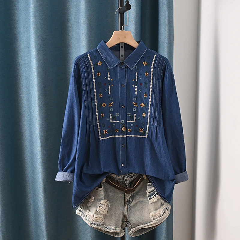 Harajuku fashion denim spring blouses vintage long sleeve women's embroidered shirts pretty blouses woman jean shirts