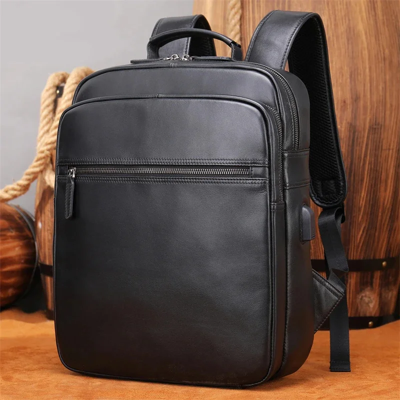 Mochila de cuero de alta capacidad para hombre, bolso de piel de vaca auténtica para ordenador portátil, mochila escolar de 13 y 14 pulgadas, color negro