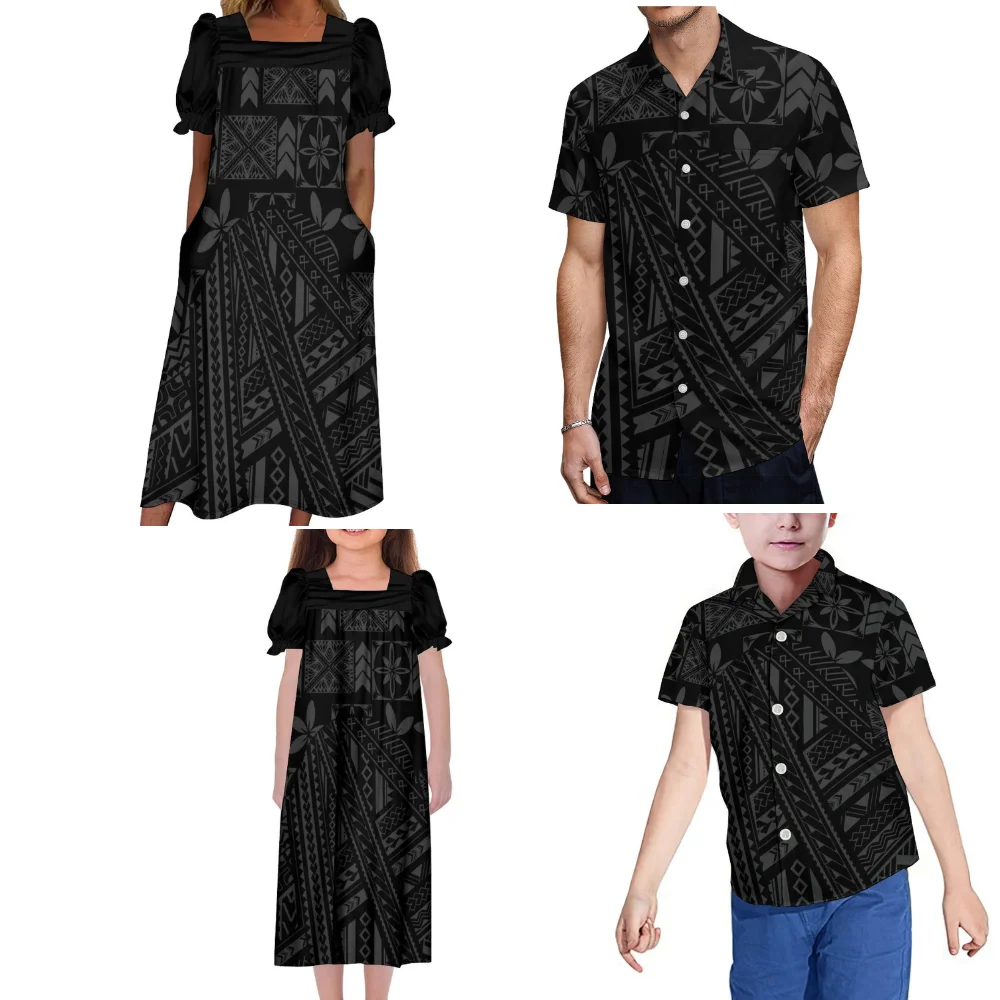 Microsia Square Collar Mumu Women\'S Dress Girls\' Dress Men\'S Shirt Boys\' Shirt Custom Polynesian Family Dress Soft Short Sleeves