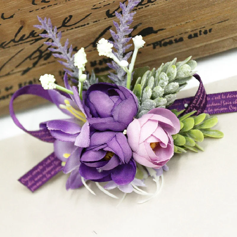 Boutonniere roxo e pulso Corsage, Suprimentos do casamento, Simulação Floral Flores, Celebração de Negócios, Convidados, 439