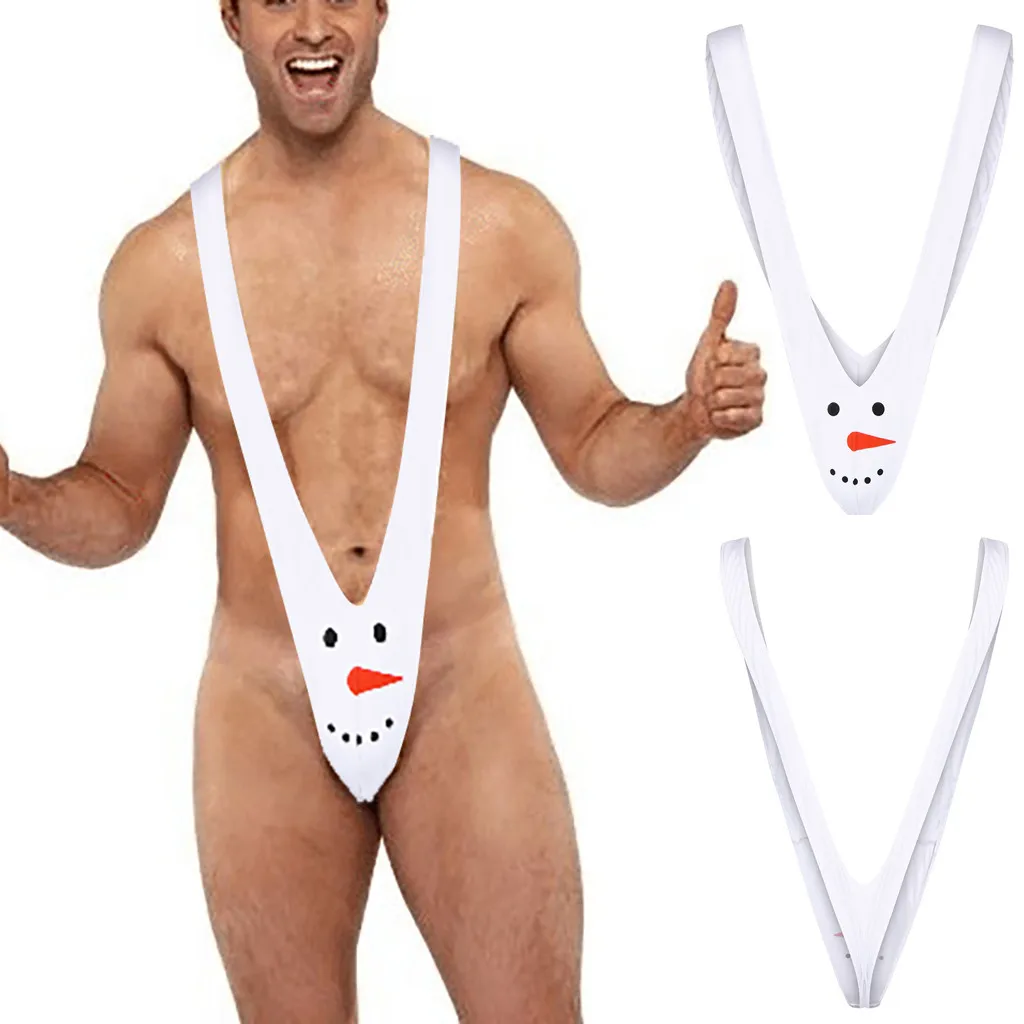 CLEVER-MENMODE Sexy Strap Underwear Men Mankini One Piece G String Thong Body Costume Snowman Christmas Bodysuit Lingerie