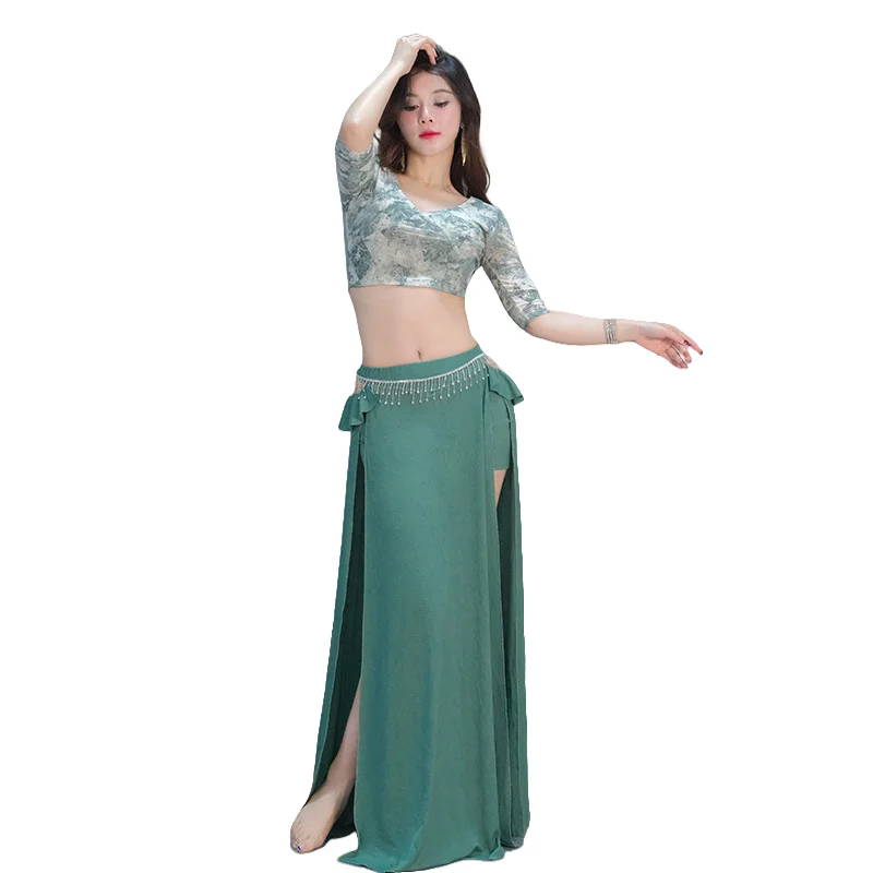 

Костюм для танца живота, новый сексуальный контрастный спортивный костюм с принтом, костюм для восточного танца, групповой костюм, верхняя юбка, 4 цвета