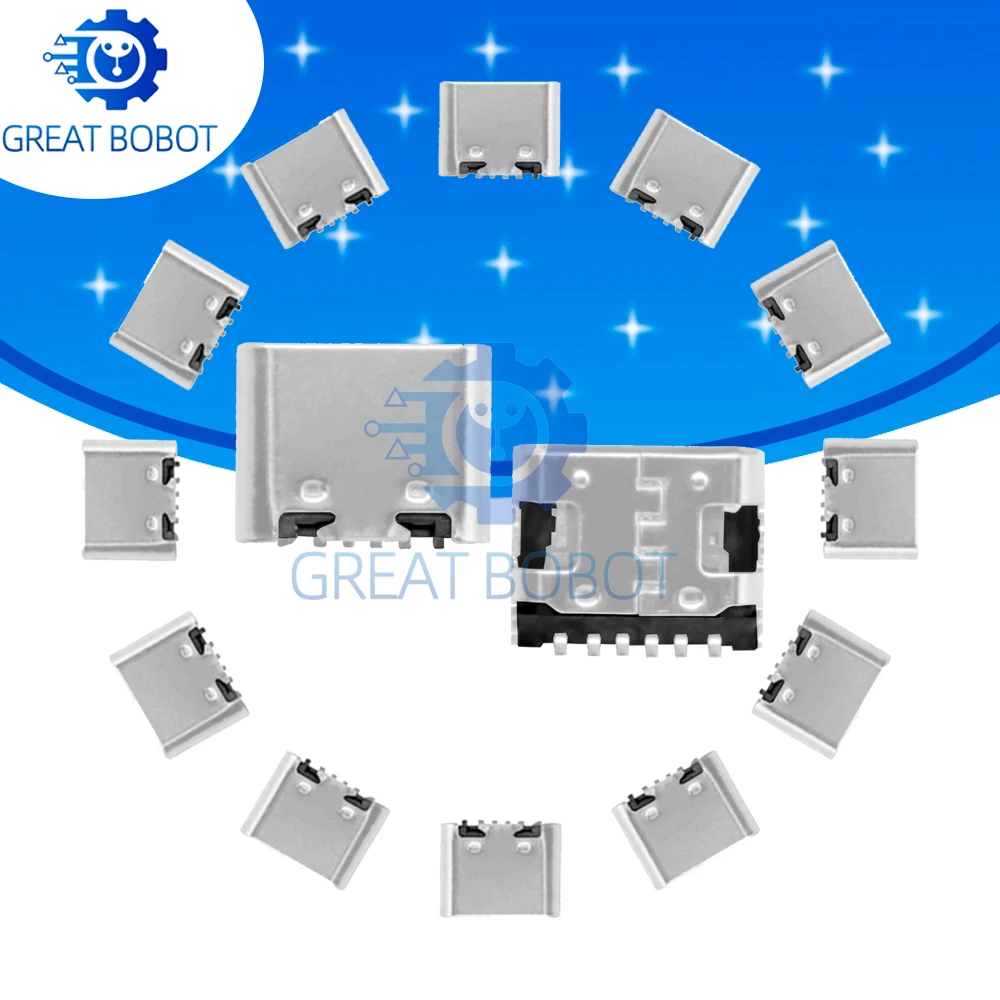 5PCS 6Pin Right-Angle Shielded SMD Type-C Female USB3.1 Connector