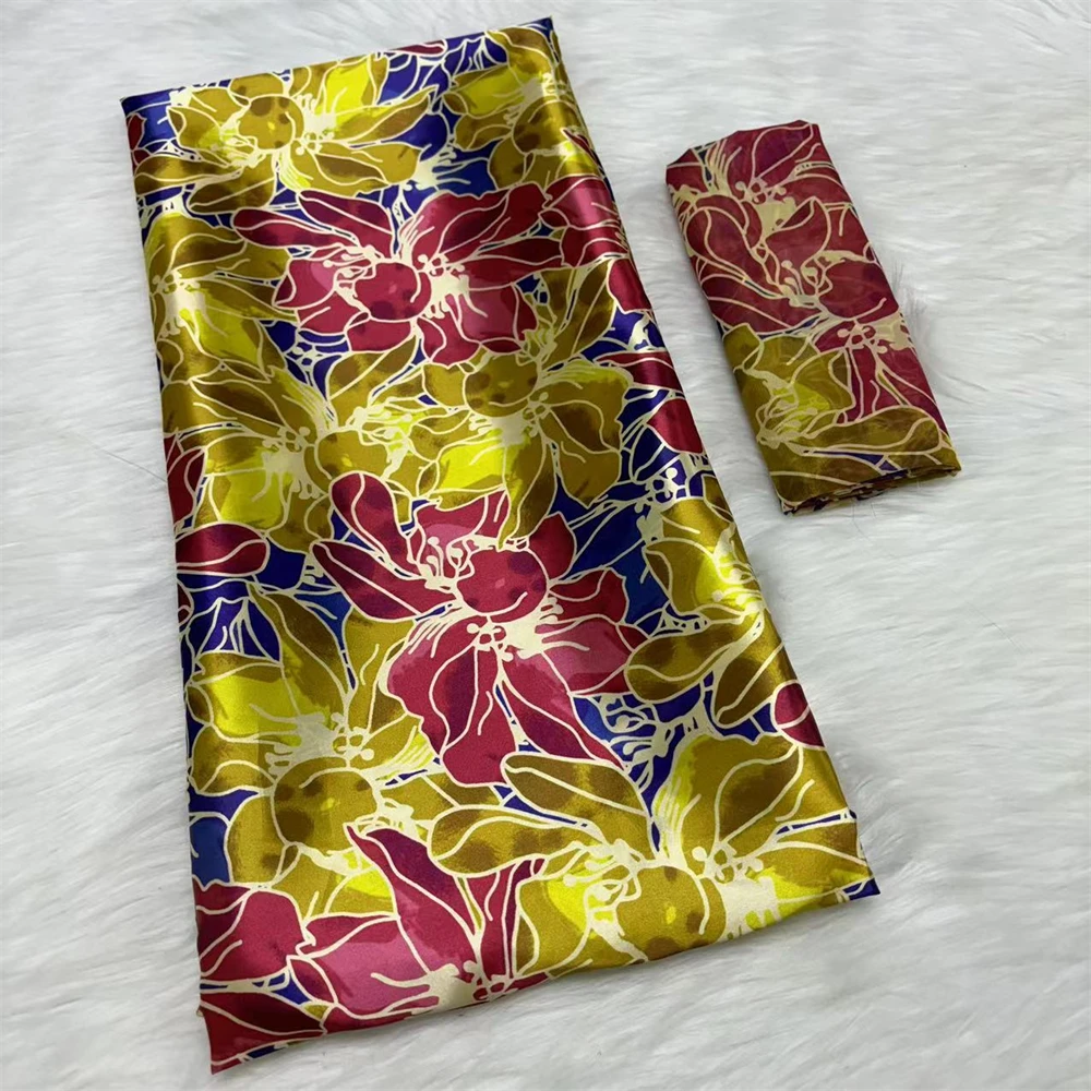 African Fabrics Satin Silk Prints Fabric High Quality Silk And Chiffon Blouse 4+2 Yards Silk NIgerian