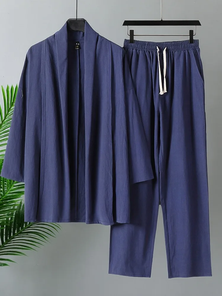 

Свободный крой из хлопка и льна, мужской комплект, повседневные длинные брюки, верхняя одежда, кардиган, традиционная мужская одежда Hanfu Tai Chi Sle, большой размер