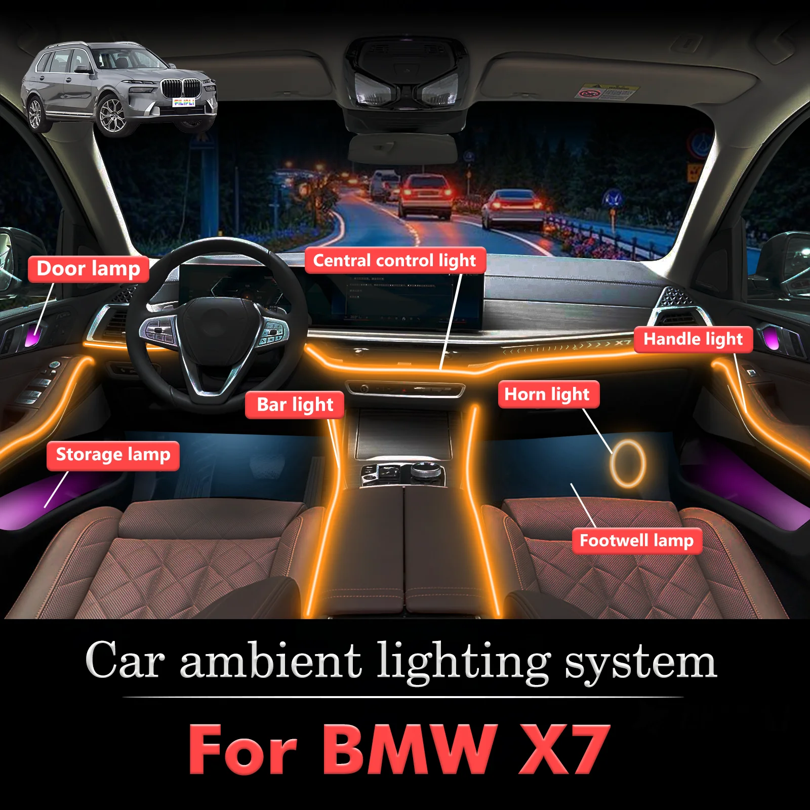 

For BMW X7 Car Interior Ambient Light RGB 64-Color LED Smart Remote Control Energy Saving Lamp Set
