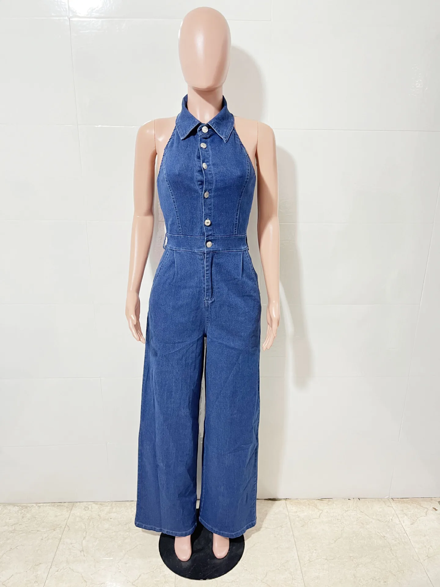 Sorella Star Tuta da donna All'ingrosso Denim Moda Alta elasticità Sexy Backless Risvolto Pantaloni a gamba larga Tuta da pendolare senza maniche