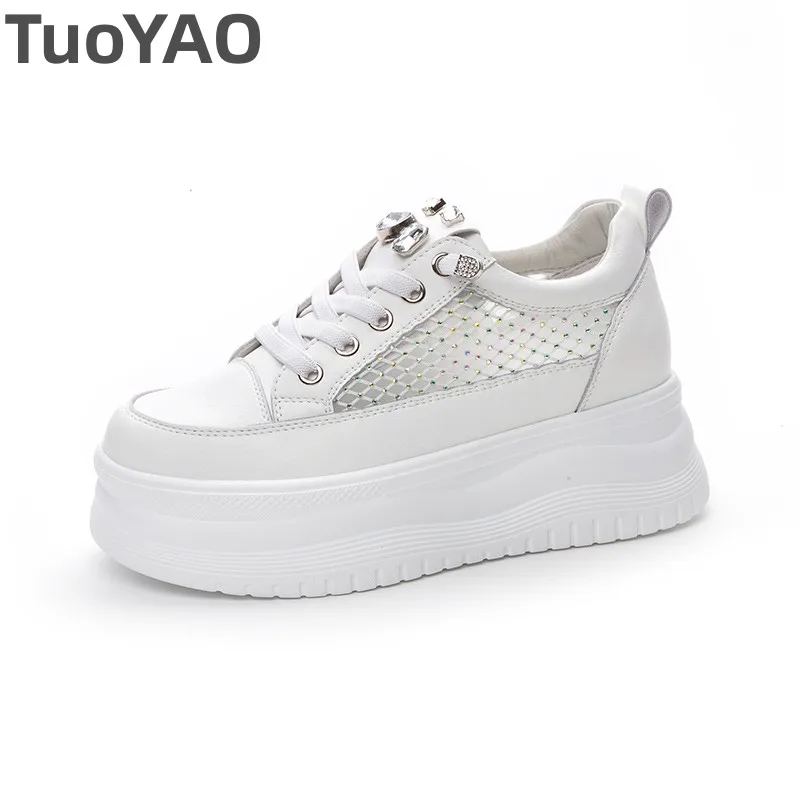 

6.5cm Air Mesh Genuine Leather Chunky Sneakers Casual Breathable Summer Ladies Fashion Platform Crystal Shoes Women Vulcanize