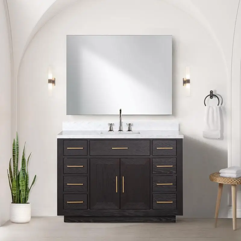 طقم فانيتي فردي من خشب البلوط الأسود مقاس 48 بوصة مع سطح كارارا من الرخام وصنبور #1