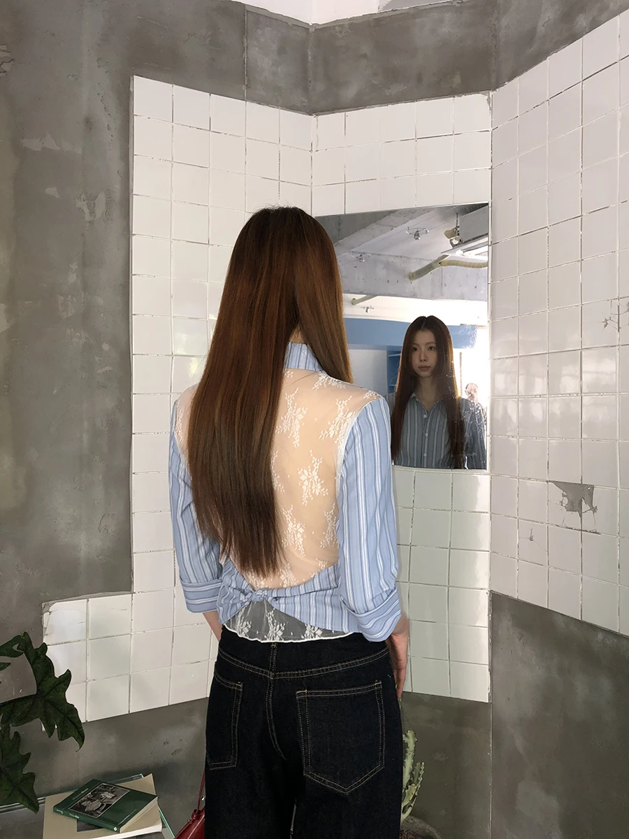 

Blue Lace ort irt Women's Long Sve Striped Top Waist Inward Design Autumn New Sle G Sle Commute Simple Slim Fit ...