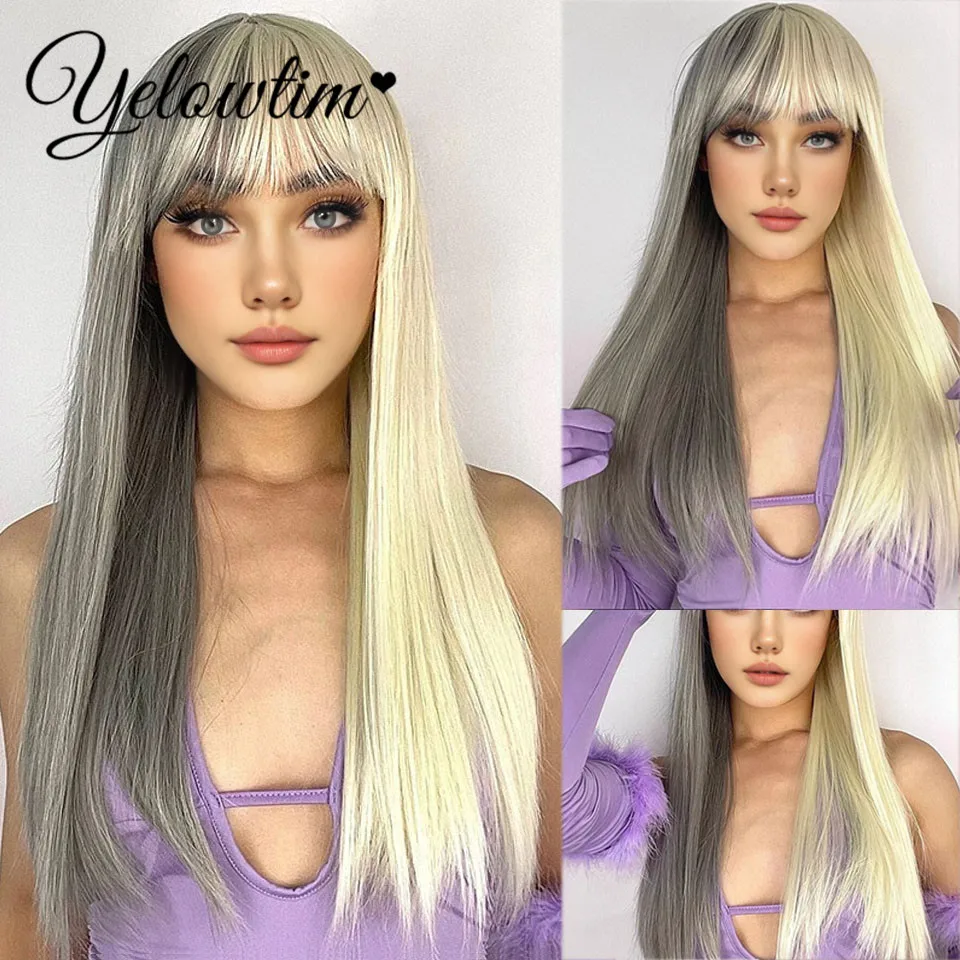 Wig Female Long Hair Full Headset Natural Color blocked Spicy Girl European and American Grey White Long Straight Hair Wig Set