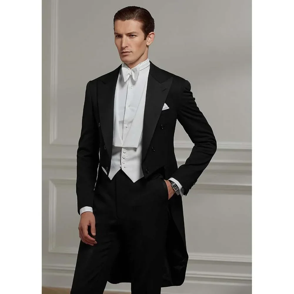 

Elegant Wedding Suits for Men Fashion Peak Lapel Double Breasted Outfits Prom Concert Wedding Groom Tailcoat Male Suit 3 Piece