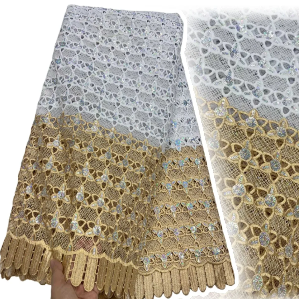 

African Guipure Cord Lace Fabric with Sequins 2025 High Quality Nigerian Guipure Cord Lace for Sewing Wedding Dress TP1754