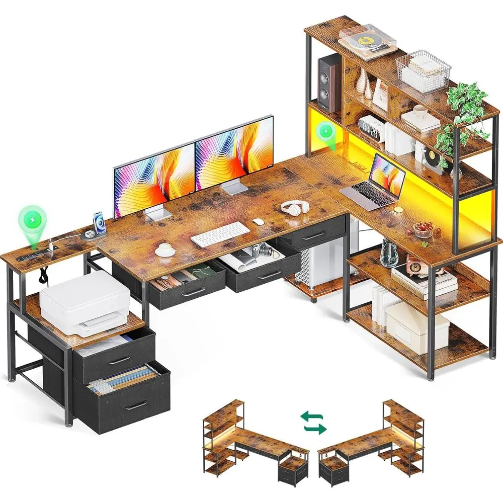 

L-Shaped Desk with 5 Drawers, LED Light, 2 Outlets - Vintage Style Gaming & Home Office