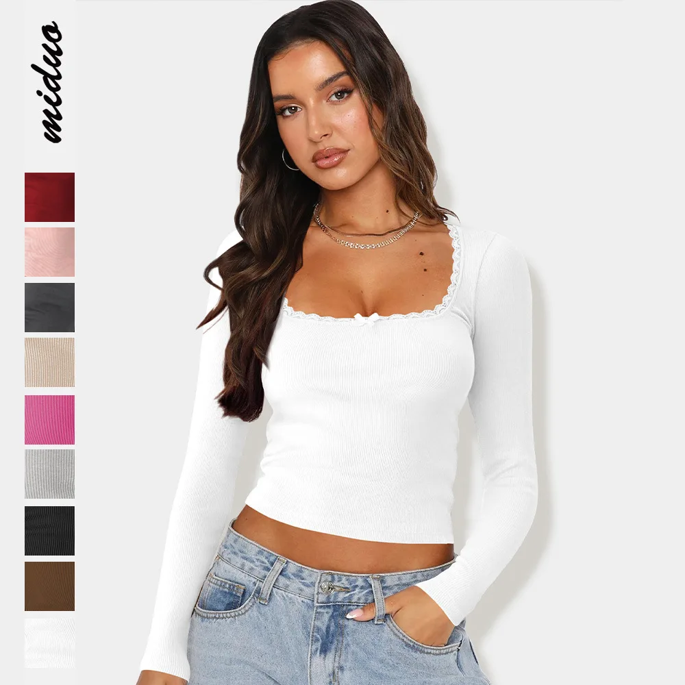 Neu eingetroffenes Damen-Langarm-T-Shirt, modisches Slim-Fit-Crop-Top mit Spitzen-Panel und U-Ausschnitt, Basisschicht, Y2k-Damenbekleidung