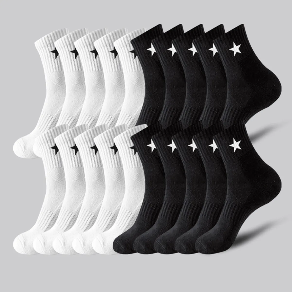 6 Pairs Unisex All Season Black&White Star Print Crew Socks,Couple Streetwear Casual Socks,Trendy  Versatile Mid Calf Socks