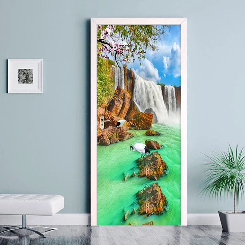 DIY PVC Self-adhesive 3D Door Sticker Waterfalls Forest Landscape Photo Wallpaper Murals Living Room Bedroom Creative Home Decor