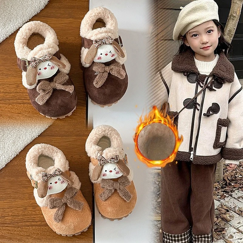 

Kids Warm Shoes with Cute Puppy Girls Flat Shoes Cotton Round Toes 2025 Winter New Children Casual Shoes Non-slip Soft Sole