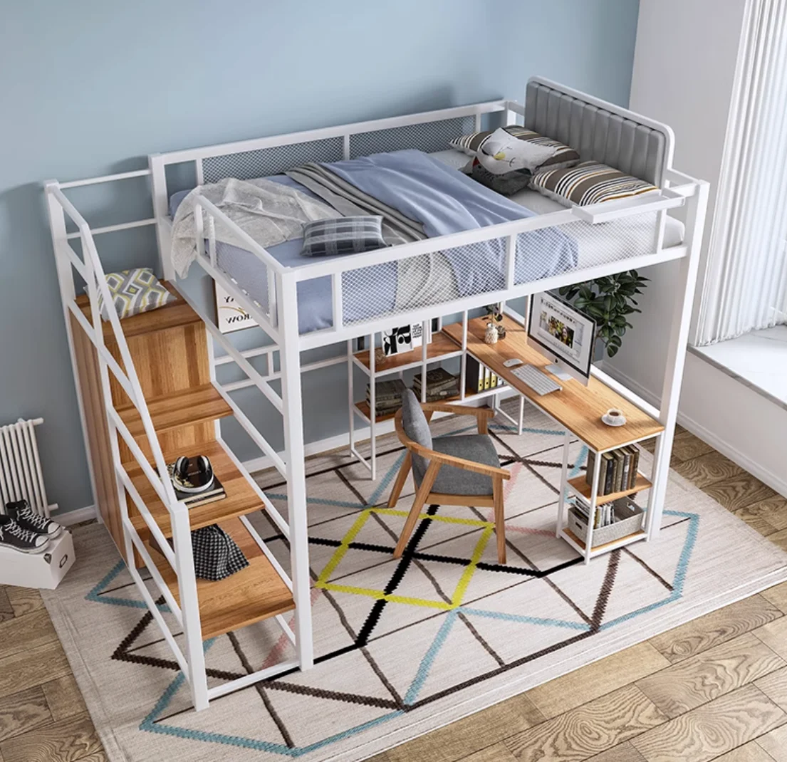 Multi-functional space saving Nordic small apartment single upper elevated bed