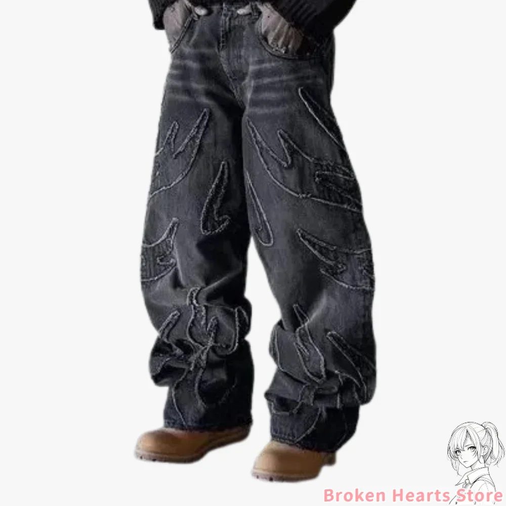 Pantalones vaqueros lavados rasgados con grabado primal pesado para hombre, pantalones Y2k, ropa de calle, pantalones de chándal holgados de
